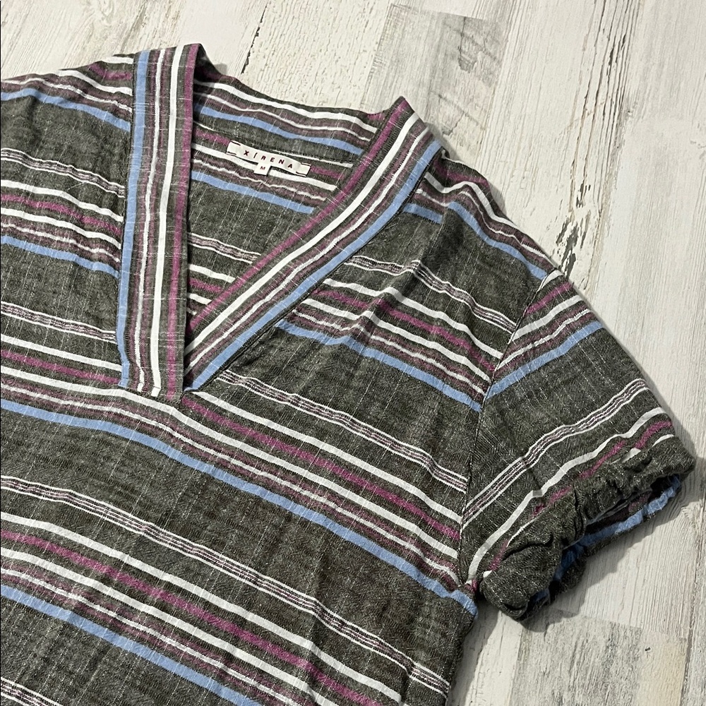 XiRENA Gray Striped V-Neck Blouse with Blue and Purple Accents - Picture 3 of 9